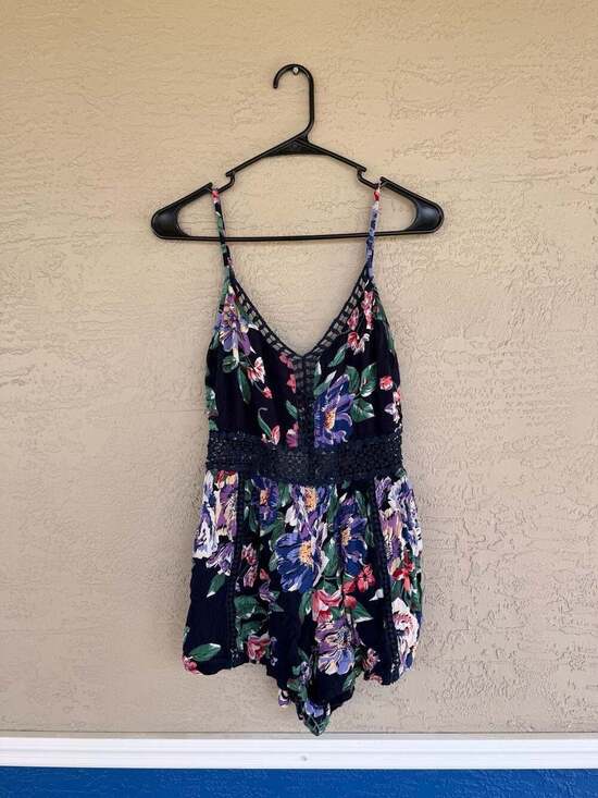 Willow & Root Pants - Willow & Root Floral Crochet Lace Romper, Navy Blue Boho Summer Bodysuit, Size S